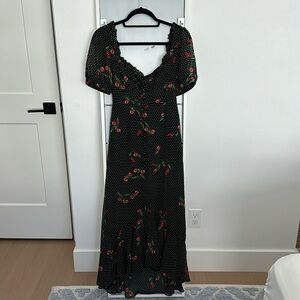 Wayf Red Roses and Black and White Polka Dot Dress